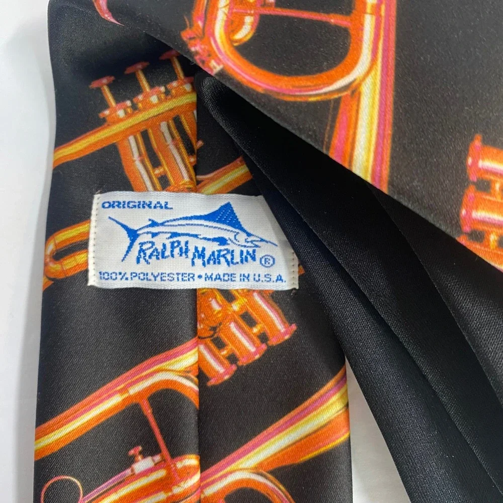 Ralph Marlin Trumpet Tie Mens OS Vintage‎ 1992 Music Novelty Black Gold USA Made
